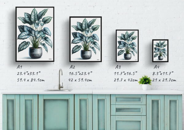 watercolour realist home plants silver leaf philodendronphilodendron brandtianum print size comparison 1