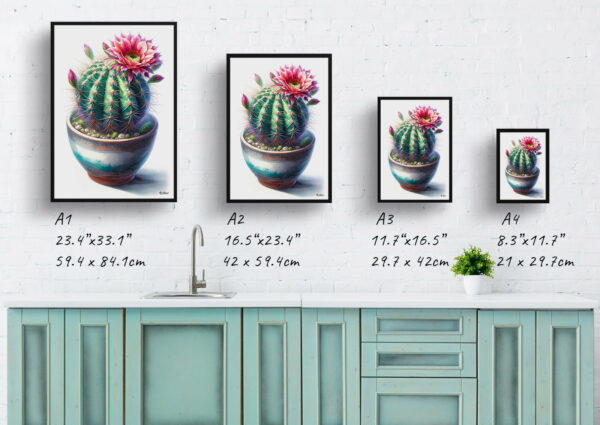 watercolour realist home plants strawberry cactusechinocereus stramineus print size comparison 1