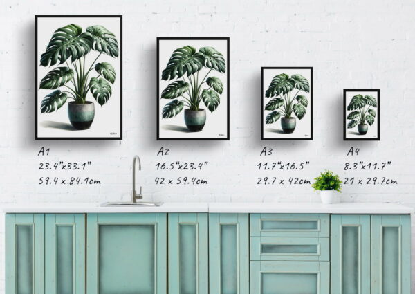 watercolour realist home plants swiss cheese plantmonstera deliciosa print size comparison 1